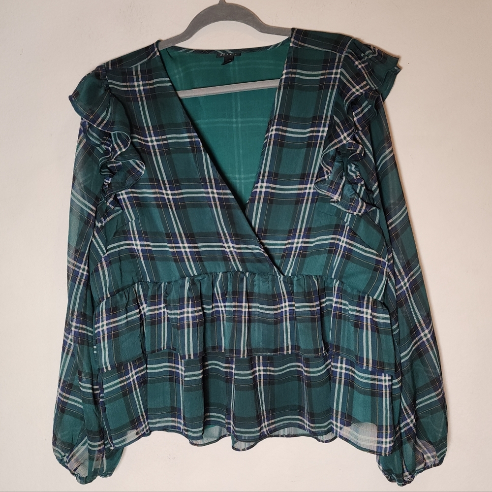 Torrid Green Tartan Plaid Chiffon Ruffled Surplice V-Neck Peplum Blouse Top 2X